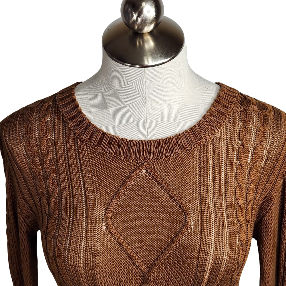 Peruvian Connection Sweater XS Amber Sienna Cable Knit Pima Cotton Pullover - Picture 3 of 13